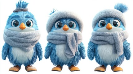Fototapeta premium Three cute blue birds wearing winter hats and scarves with large eyes