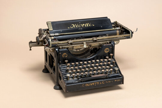 Pavia, Lombardy, Italy - November 2, 2024: Olivetti M20 Typewriter from 1920 at Ctrl+Alt Museum. Typewriter personally projected by the Founder Camillo Olivetti.