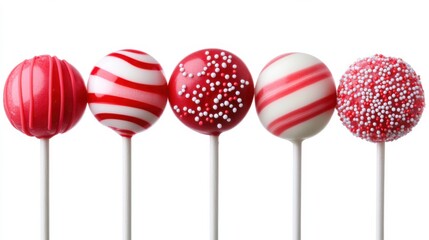 Colorful red and white candy lollipops with stripes and sprinkles on sticks
