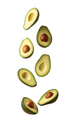 Floating Ripe Avocado Halves with Seeds isolated on white background as transparent. PNG. AI GENERATED.