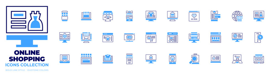 Online shopping icon collection. Bold line style. Duotone colors. online shopping, online discount, online shop, e commerce, smart phone, search, market, online payment, ticket