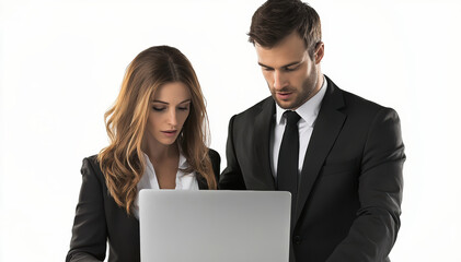 Obraz premium a businessman and businesswoman reviewing content on a laptop, portraying focus, professionalism, and teamwork. It is perfect for corporate marketing and business presentations.