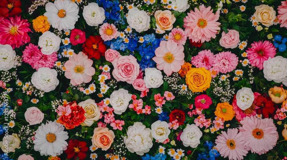 Poster Vibrant display of colorful flowers creating a lush, natural tapestry in a garden setting during spring