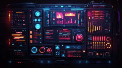 Fototapeta premium Futuristic control panel with glowing digital interfaces and graphical displays in dark setting