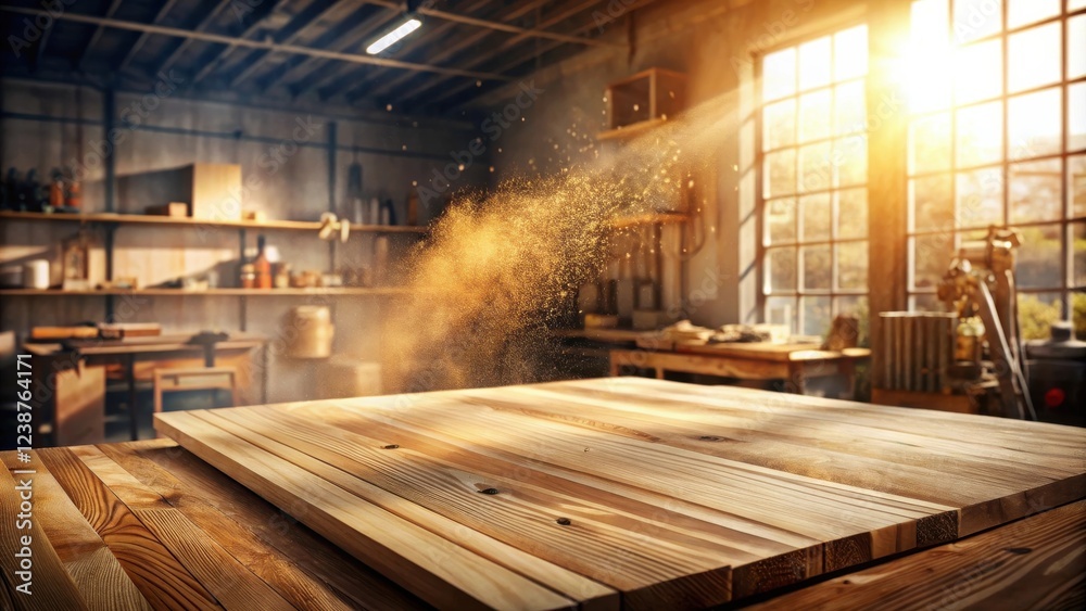 Aufkleber Sunlit Woodworking Studio with Dust Motes and Empty Tabletop