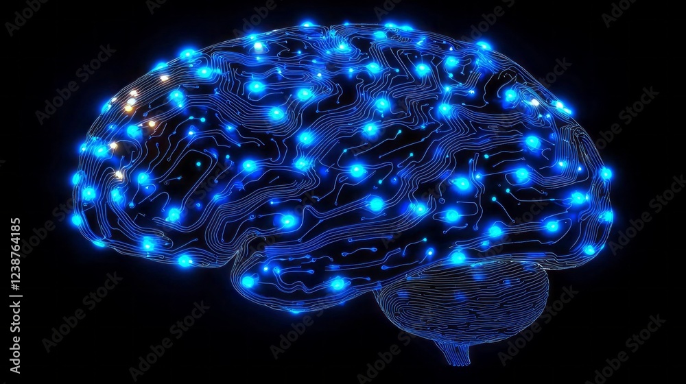 Poster a stunning visual representation of a brain illuminated with bright blue lights, depicting intricate