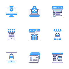 Online shopping icon set. Bold line style. Duotone colors. Editable stroke. credit card, online shopping, shopping, online shop, online store, online, monitor, e commerce