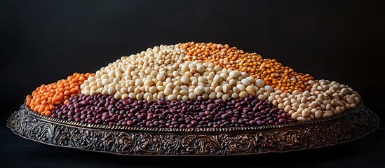 A mix of beans / legumes / pulses raw coloured  beans setting in a sequence.