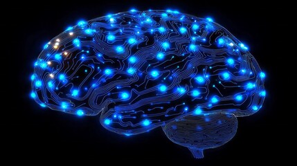 A stunning visual representation of a brain illuminated with bright blue lights, depicting intricate neural connections amid a dark backdrop, symbolizing advanced technology and creativity