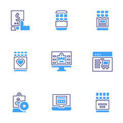 Online shopping icon set. Bold line style. Duotone colors. Editable stroke. customer service, real estate, web, mobile payment, laptop, add to favorites, mobile phone, e commerce, discount