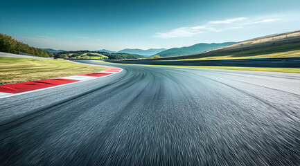 Race Track Curve: Asphalt, Speed, and Mountain Views