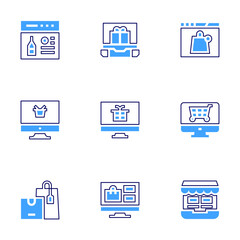 Online shopping icon set. Bold line style. Duotone colors. Editable stroke. online shopping, shopping bags, wine bottle, shopping, online shop, e commerce, gift, gift box