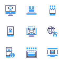 Online shopping icon set. Bold line style. Duotone colors. Editable stroke. online supermarket, e commerce, market, online shop, mobile store, monitor