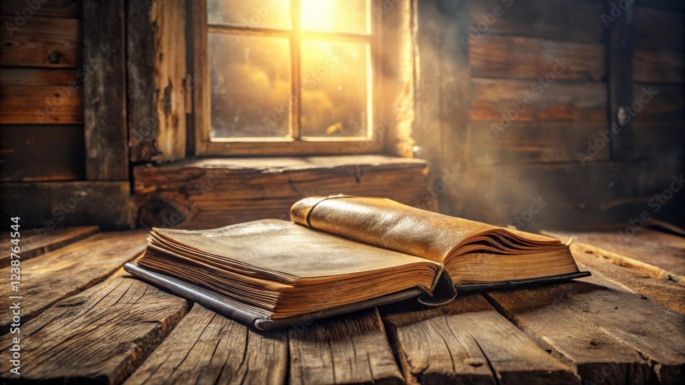 Aufkleber ancient tome open on rustic wooden table near window
