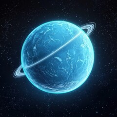 Icy blue planet with frosted rings and a glowing frozen surface set against a dark starry sky