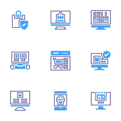 Online shopping icon set. Bold line style. Duotone colors. Editable stroke. onlineshopping, shoppingonline, computer, electronics, smartphone, onlineshop, sell