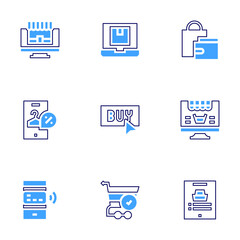 Online shopping icon set. Bold line style. Duotone colors. Editable stroke. shopping app, sale, review, market, shopping basket, add to basket, new product, purchase, online sale