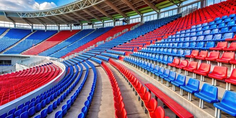 Fototapeta premium Colorful stadium seating area with red and blue bleachers arranged in a curved formation, football stadium, sports arena