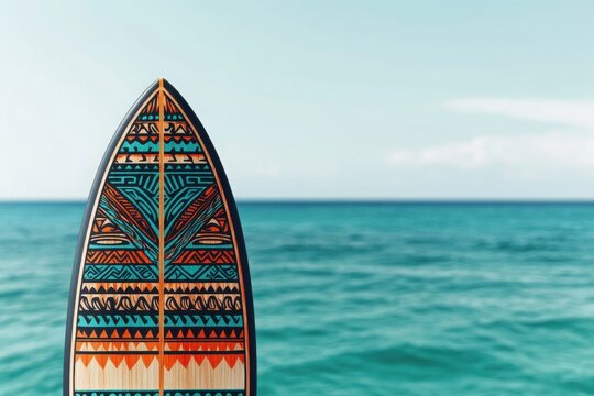 A vibrant surfboard stands proudly against the backdrop of a serene blue ocean, embodying a lifestyle of adventure and freedom.