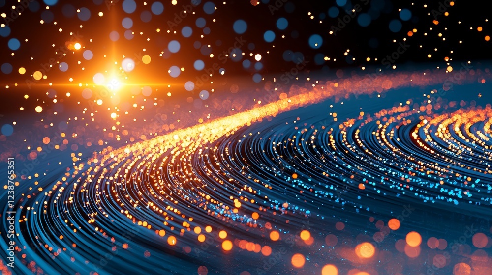 Poster abstract vision of data paths illuminating with colorful light and sparkles
