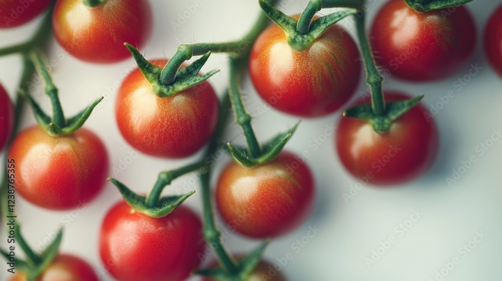 Poster a high-quality image of ripe cherry tomatoes in close-up view, ideal for food-related concepts