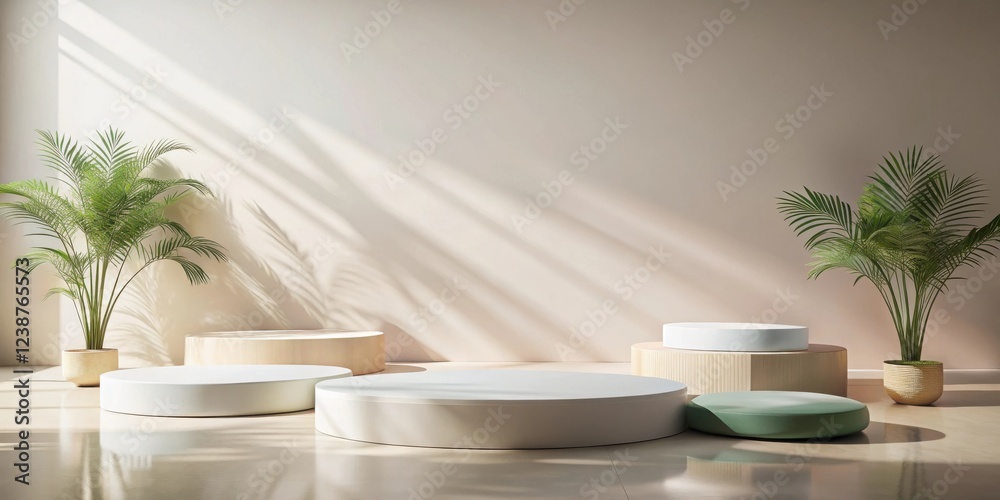 Poster serene minimalist display with natural light and cylindrical platforms