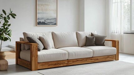 Fototapeta premium Modern Minimalist Sofa with Wooden Frame in Bright and Airy Living Room Setting Comfort balanced organic