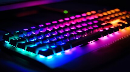 Fototapeta premium Working with a vibrant neon keyboard enhances the gaming experience. 