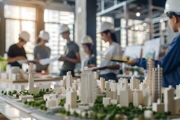 Obraz premium Urban Planning Model Review with Architects and Engineers in Office