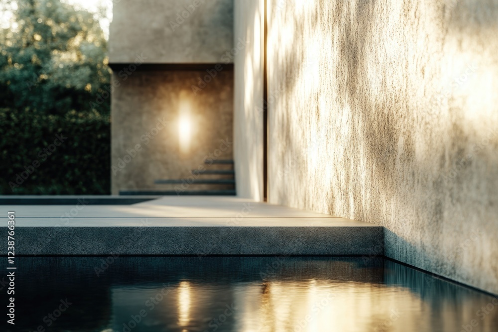 Aufkleber A calm and serene scene with a building reflected in a pool of water, suitable for use in designs related to architecture, nature, or serenity