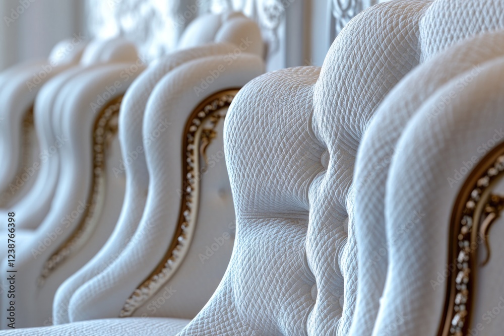 Poster a group of identical white chairs placed side by side, often used in event planning or as a decorati