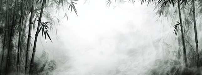 Obraz premium Bamboo forest with mist creating serene and tranquil atmosphere. lush green bamboo stalks frame scene, inviting sense of peace and calm