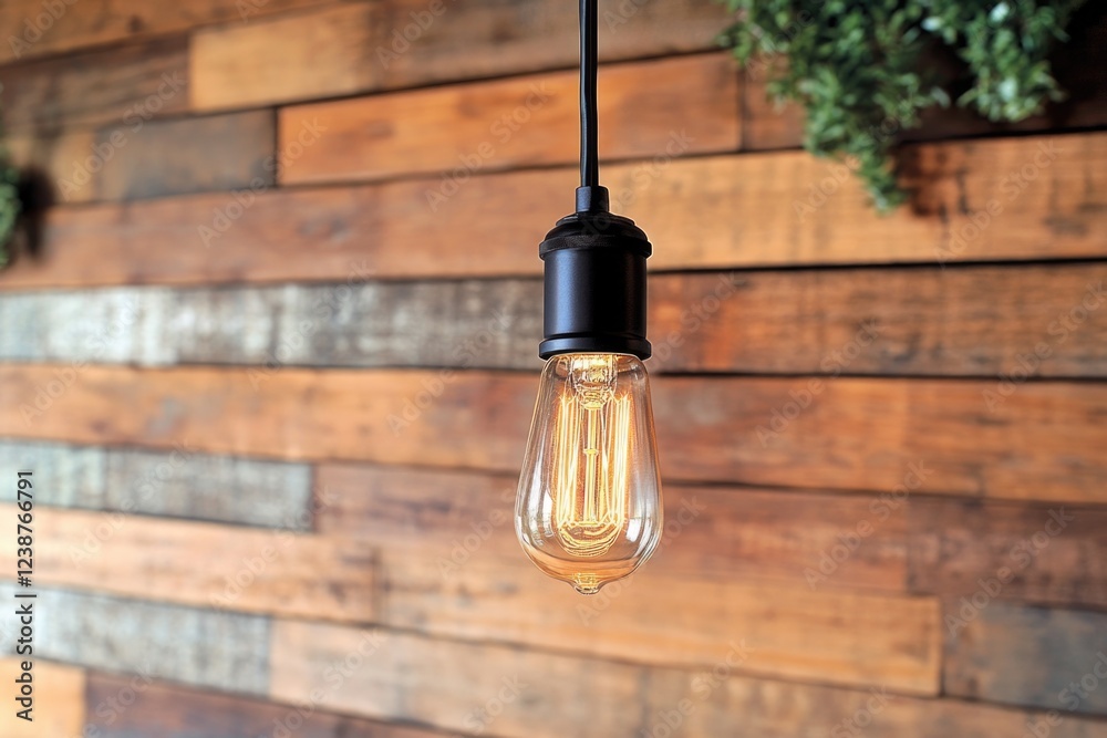 Poster a single light bulb hangs from a wooden wall, great for illustrating a simple scene or highlighting 