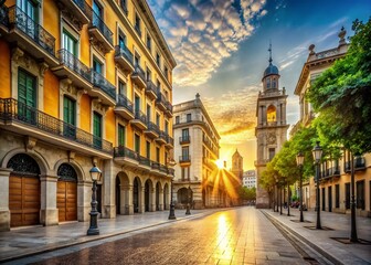 Fototapeta premium Empty Rambla Street, Barcelona, Spain: Historic Building at Dawn - Stock Photo