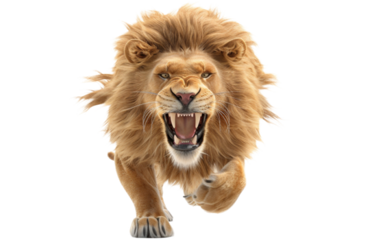 Majestic lion in mid-roar displaying powerful mane and ferocious expression while running forward