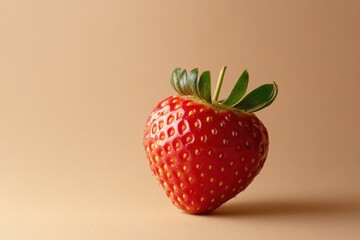A Single Ripe Strawberry on a Tan Background