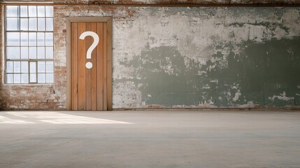 An empty, rustic room featuring a wooden door with a question mark, suggesting mystery or potential