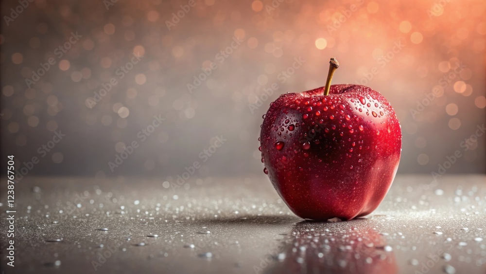 Poster a single red apple with water droplets on a reflective surface, illuminated by a soft, warm light