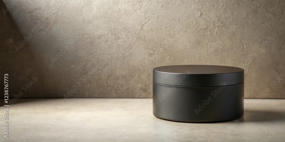 Aufkleber A dark cylindrical container sits on a neutral surface against a textured backdrop