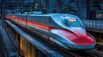 Fototapeta premium Sleek Modern High Speed Train Traveling Through City