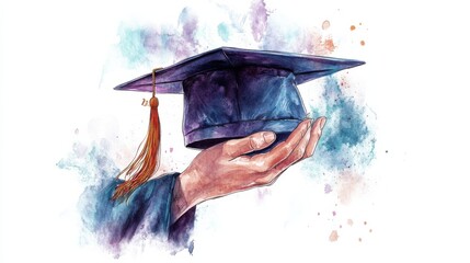 Hand holding graduation cap with watercolor background in celebratory education theme