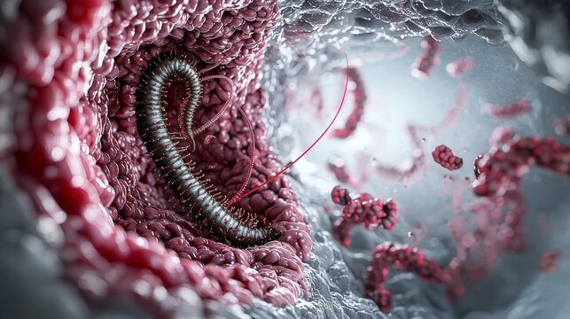 Scientific visualization of taenia saginata lifecycle detailed view in human intestinal microenvironment