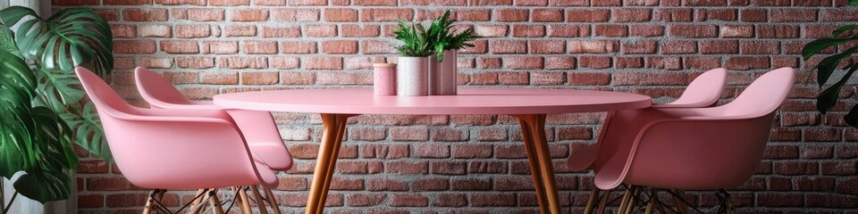 Simple breakfast or coffee setup with a pink table, two chairs and a potted plant