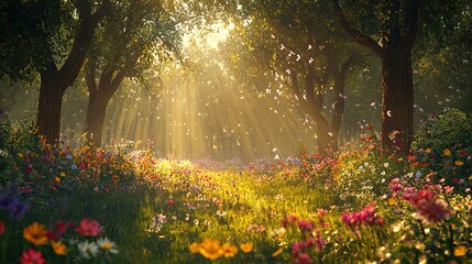 Obraz premium A picturesque scene capturing a serene forest pathway illuminated by soft golden sunlight filtering through the lush green tree canopy. The ground is blanketed with a vibrant array of wildflowers in v