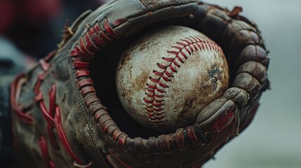 Close-up of a worn baseball glove holding a distressed baseball