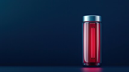 A sleek, modern glass container featuring a vibrant red interior, set against a dark blue background, creating a striking visual contrast.
