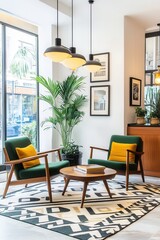 A retro modern interior featuring mid century furniture, geometric patterned rugs, vintage green armchairs, mustard yellow accents, and sleek wooden decor