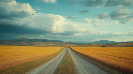 Naklejka premium Dirt road leading through golden wheat field under cloudy sky in serene countryside landscape