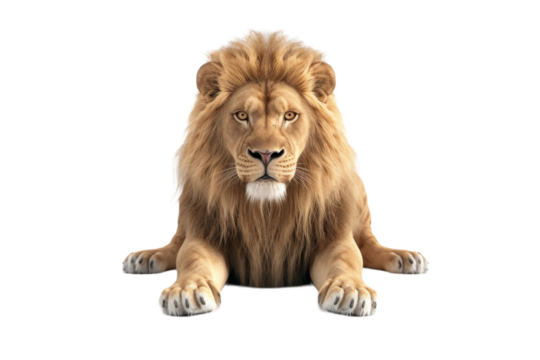 Majestic lion resting calmly with a powerful gaze and regal mane gracefully draped on paws