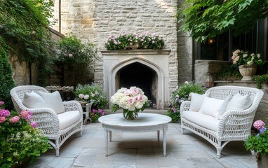 Fototapeta premium A shabby chic courtyard with a vintage stone fireplace, a distressed table holding a bouquet of hydrangeas and roses, white rattan furniture